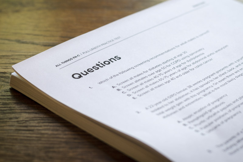 PANCE practice test questions on paper